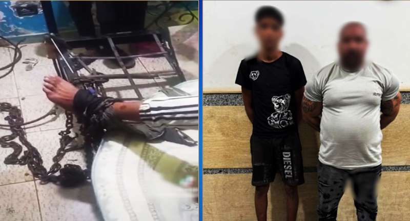 أب يقيد نجله بسلسلة حديدية لمنعه من تعاطي المخدرات في الجيزة - فيديو