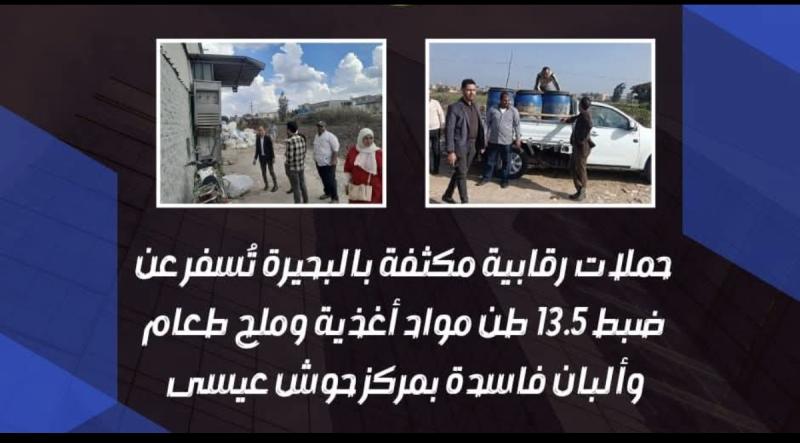 حملات رقابية مكثفة بالبحيرة تُسفر عن ضبط ١٣.٥ طن مواد غذائية وملح طعام وألبان فاسدة بمركز حوش عيسى