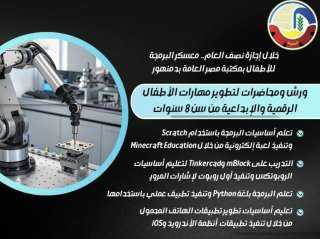 خلال إجازة نصف العام .. ”معسكر البرمجة” للأطفال بمكتبة مصر العامة بدمنهور    ورش ومحاضرات لتطوير مهارات الأطفال الرقمية والإبداعية من سن ٨ سنوات