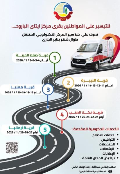 للتيسير على المواطنين بقرى مركز إيتاي البارود .... تعرف على خط سير المركز التكنولوجي المتنقل طوال شهر يناير الجاري
