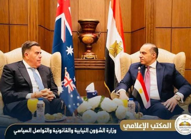 المستشار محمود فوزي وزير الشؤون النيابية والقانونية والتواصل السياسي يستقبل السيد/ ميلتون ديك رئيس مجلس النواب الفيدرالي الأسترالي في زيارة هي الأولى من نوعها منذ إنشاء العلاقات