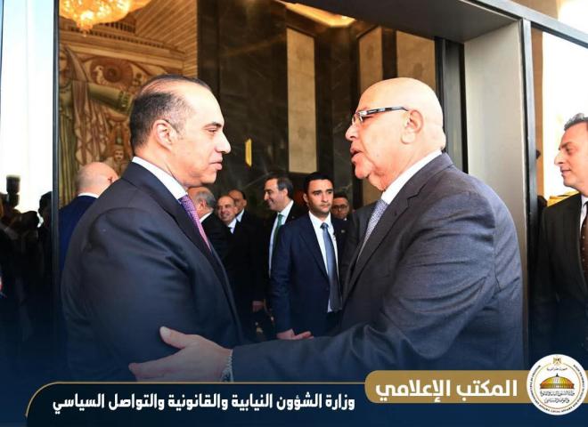 المستشار محمود فوزي وزير الشؤون النيابية والقانونية والتواصل السياسي يرافق الدكتور مصطفى مدبولي رئيس مجلس الوزراء في زيارة للمستشار هشام بدوي لتهنئته بتولي منصب رئيس مجلس النواب