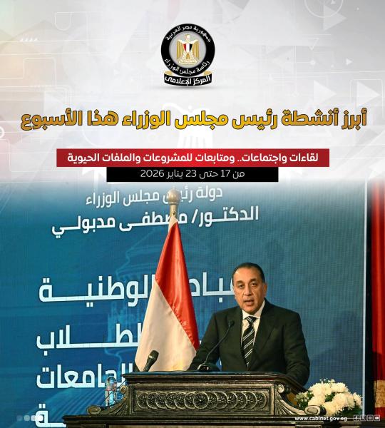 المركز الإعلامي لمجلس الوزراء يستعرض بالإنفوجراف أبرز أنشطة رئيس مجلس الوزراء هذا الأسبوع