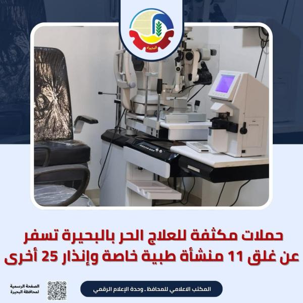 حملات مكثفة للعلاج الحر بالبحيرة تسفر عن غلق ١١ منشأة طبية خاصة وإنذار ٢٥ أخرى