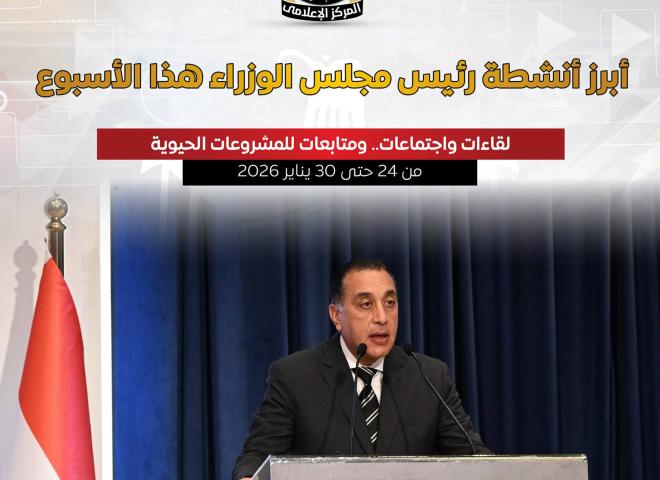 المركز الإعلامي لمجلس الوزراء يستعرض بالإنفوجراف أبرز أنشطة رئيس مجلس الوزراء هذا الأسبوع