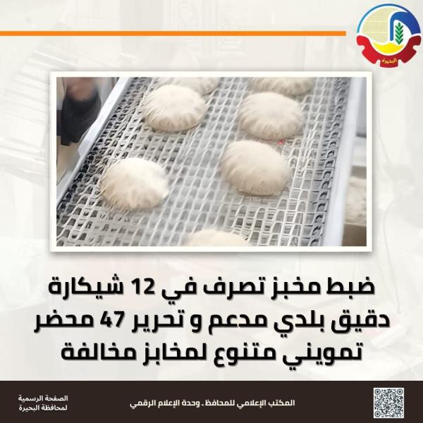 ضبط مخبز تصرف في ١٢ شيكارة دقيق بلدي مدعم وتحرير ٤٧ محضر تمويني متنوع لمخابز مخالفة