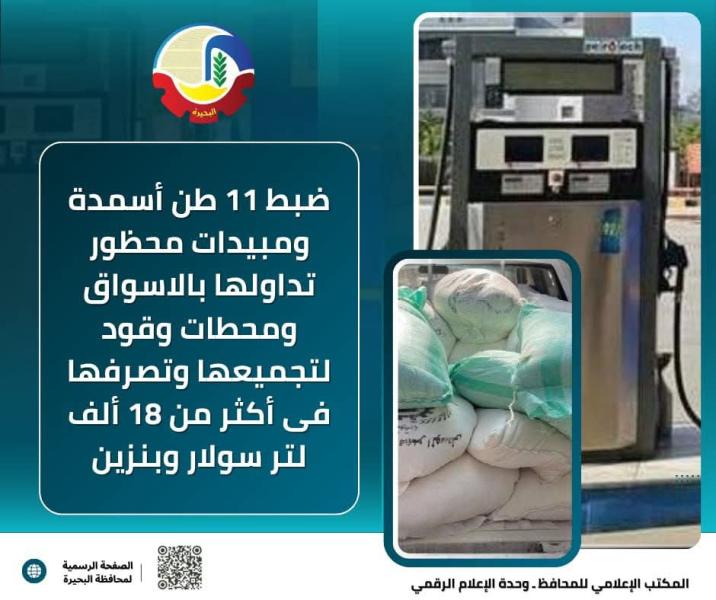ضبط ١١ طن أسمدة ومبيدات محظور تداولها بالأسواق ومحطات وقود لتجميعها وتصرفها فى أكثر من ١٨ ألف لتر سولار وبنزين