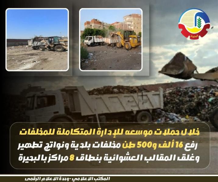 رفع ١٦ ألف و٥٠٠ طن مخلفات بلدية ونواتج تطهير والقضاء المقالب العشوائية بنطاق ٨ مراكز بالبحيرة