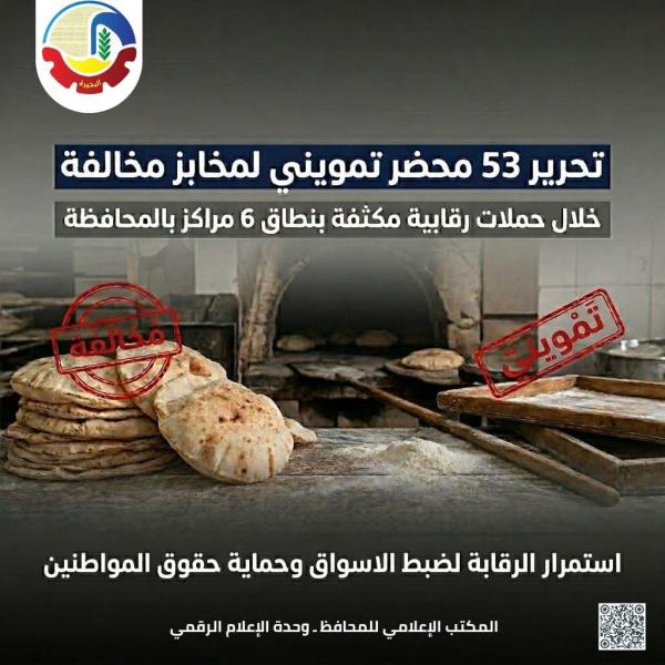 تحرير ٥٣ محضر تمويني متنوع لمخابز بلدية مخالفة بنطاق ٦ مراكز بالمحافظة