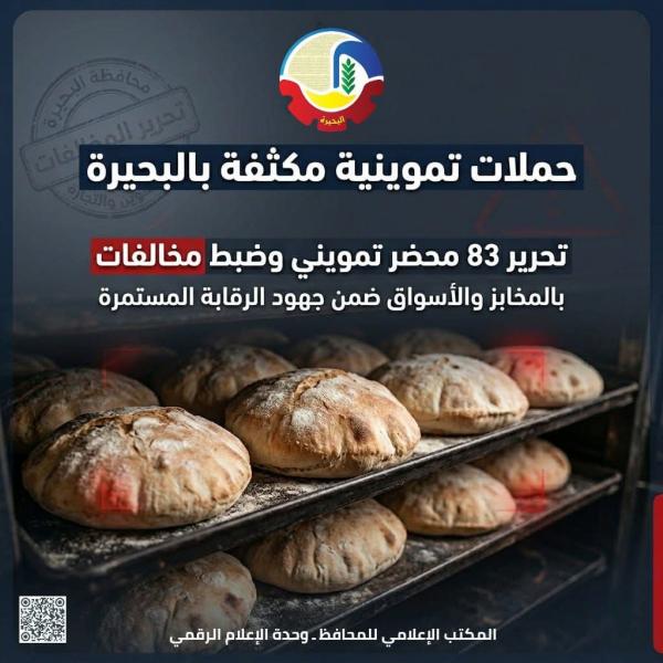 حملات تموينية مكثفة بالبحيرة تُسفر عن  تحرير ٨٣ محضر تمويني متنوع وضبط مخالفات بالمخابز والأسواق