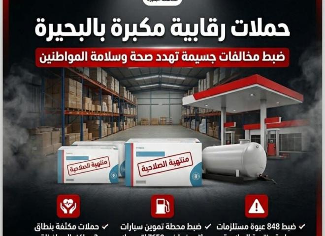 ضبط 848 عبوة مستلزمات طبية منتهية ومحطة تموين السيارات لتصرفها في 7650 لتر سولار