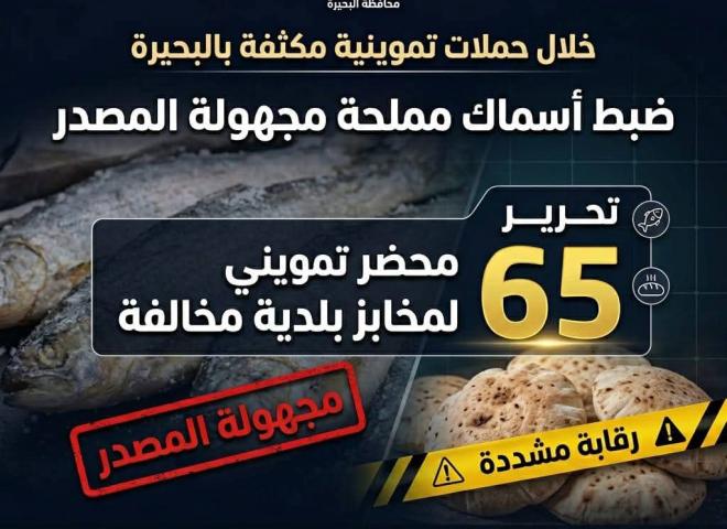 تموين البحيرة.. ضبط كمية من الأسماك المملحة مجهولة المصدر  وتحرير ٦٥ محضر تمويني لمخابز بلدية مخالفة