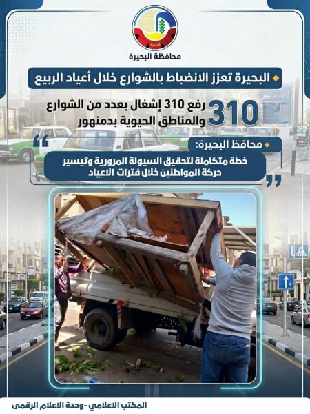 البحيرة تعزز الإنضباط بالشوارع خلال أعياد الربيع .. رفع ٣١٠ حالة إشغال بعدد من الشوارع والمناطق الحيوية بدمنهور