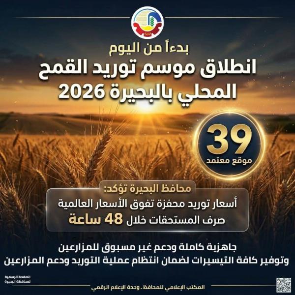 بدءاً من اليوم ... إنطلاق موسم توريد القمح المحلي بالبحيرة لموسم ٢٠٢٦ من خلال ٣٩ موقع معتمد