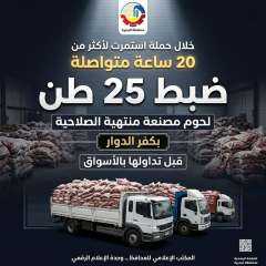 خلال حملة استمرت لأكثر من 20 ساعة متواصلة..   ضبط 25 طن لحوم مصنعة منتهية الصلاحية بكفر الدوار قبل تداولها بالأسواق